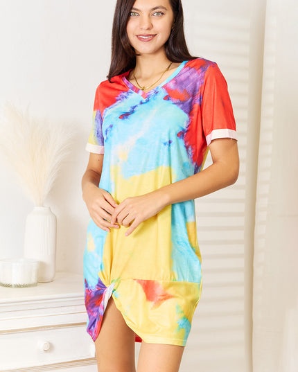 Shiny Tie-Dye V-Neck Twisted Dress Multicolor