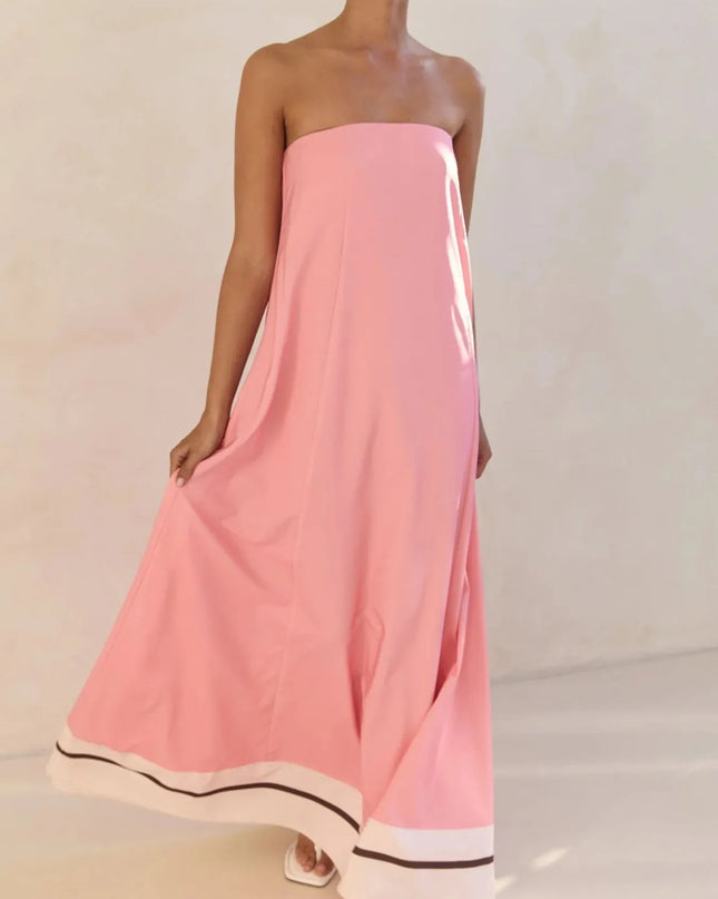 Smocked Printed Tube Maxi Dress Pink Stripes