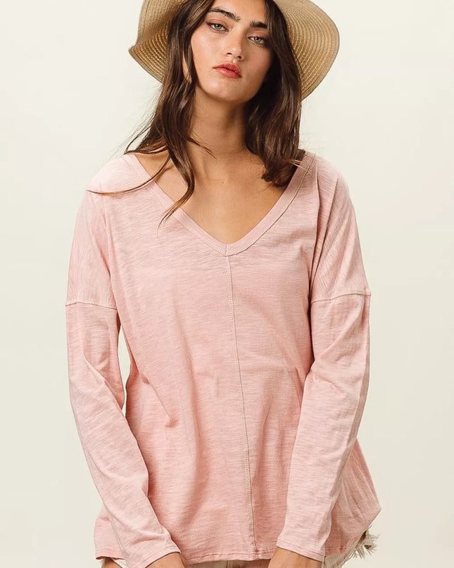 BiBi Exposed Seam V-Neck Long Sleeve T-Shirt