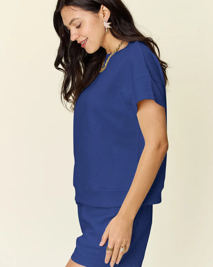 Double Take Full Size Texture Short Sleeve T-Shirt and Drawstring Shorts Set 