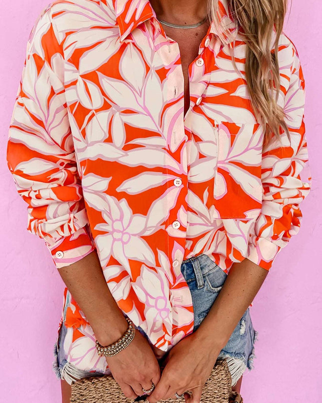 Botanical Print Single Chest Pocket Button Up Shirt Orange