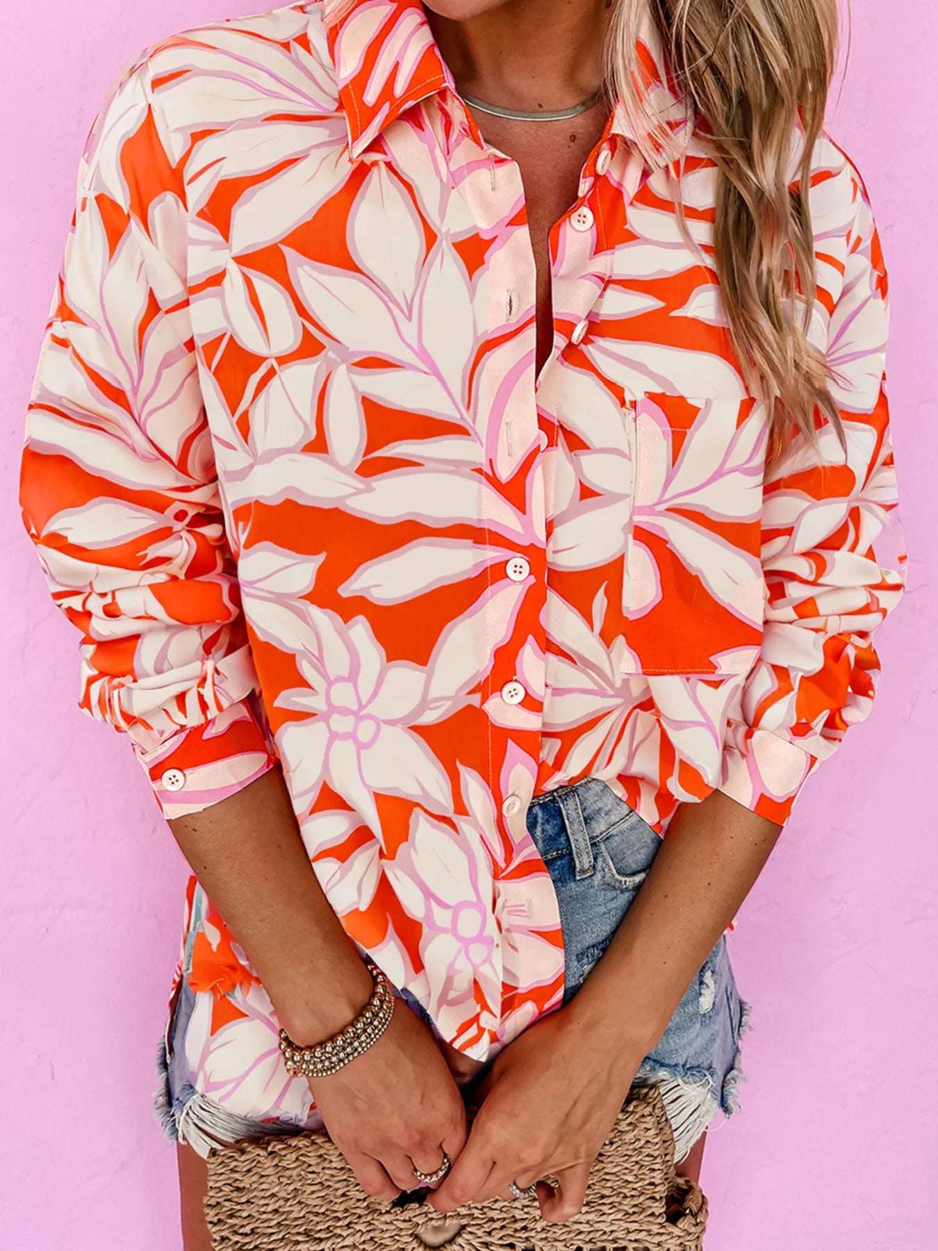 Botanical Print Single Chest Pocket Button Up Shirt Orange