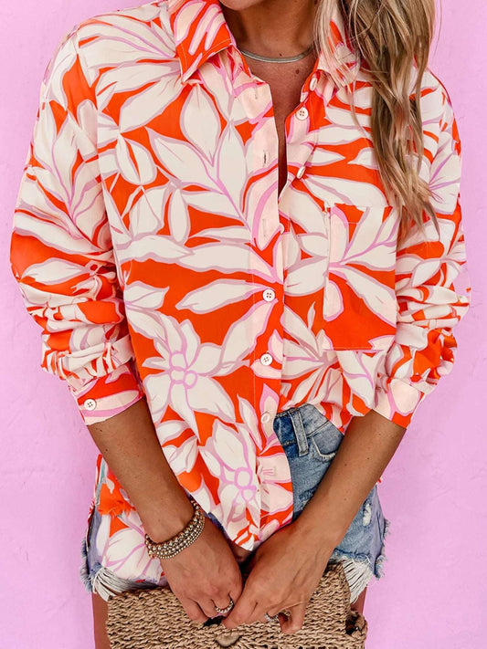 Botanical Print Single Chest Pocket Button Up Shirt Orange