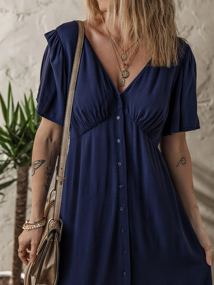 V Neck Buttoned Front Shirred Back Short Sleeve Midi Dress