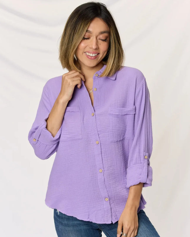Zenana Texture Button Up Raw Hem Long Sleeve Shirt
