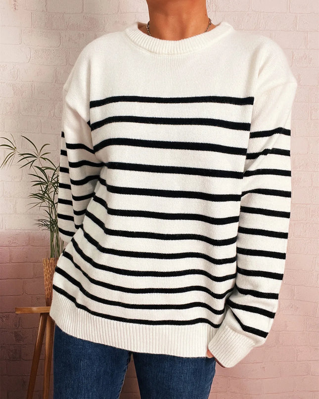 Striped Round Neck Drop Shoulder Sweater