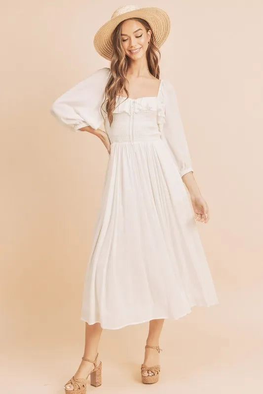 Aemi + Co Ruffled Smocked Square Neck Balloon Sleeve Dress 