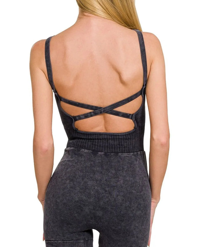 Zenana Washed Sports Romper With Removable Bra Pad
