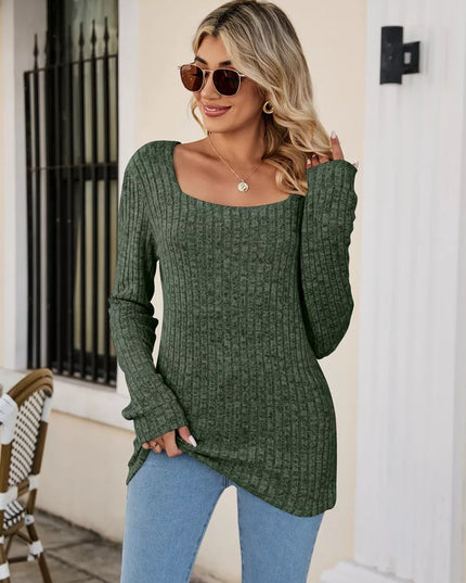 Ribbed Square Neck Long Sleeve T-Shirt Dark Green