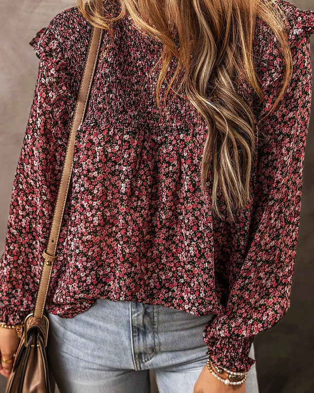 Ruffled Floral Waffle-Knit Blouse Multicolor
