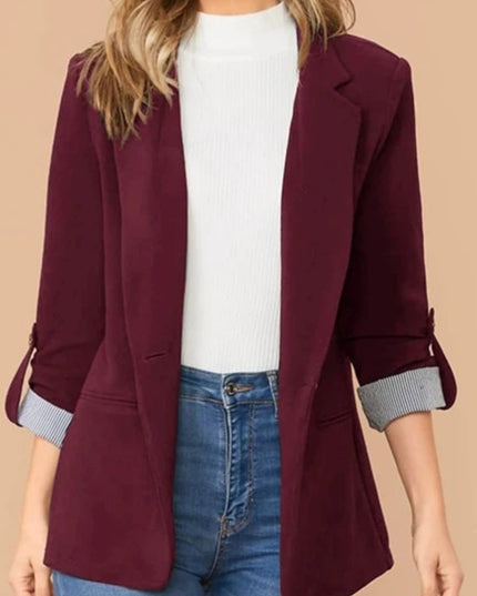 Lapel Collar Roll-Tab Sleeve Blazer Burgundy