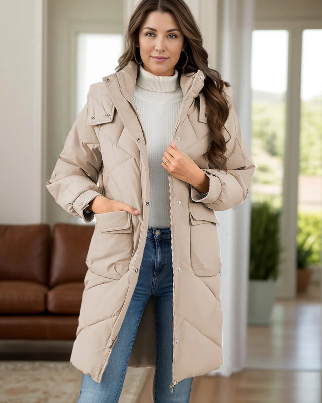 Long Sleeve Longline Hooded Winter Coat with Pockets