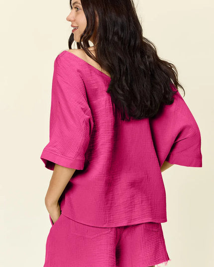 Double Take Texture Half Sleeve T-Shirt and Drawstring Shorts Set