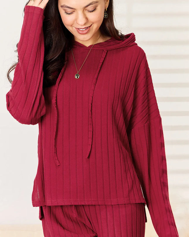 Basic Bae Full Size Ribbed Drawstring Hooded Top and Straight Pants Set