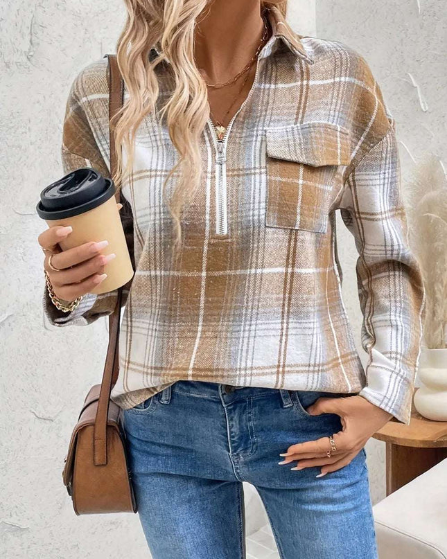 Plaid Collared Neck Half Zip Long Sleeve Top