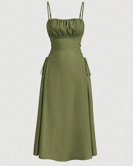 Ruched Midi Cami Dress with Side Tie Details Green