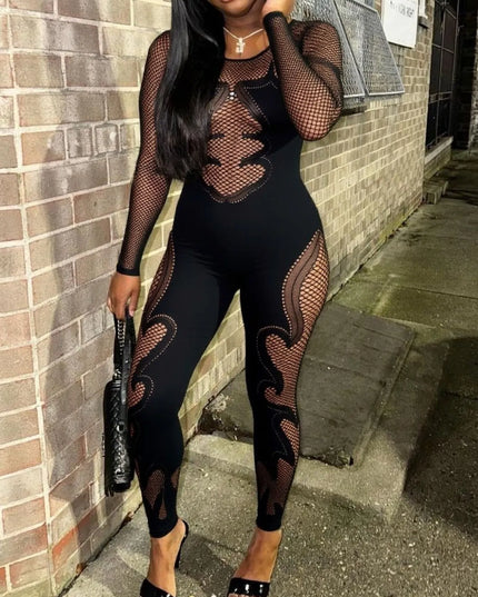 Fishing Net Sheer Long Sleeve Jumpsuit