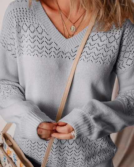 Eyelet Deatil V-Neck Long Sleeve Sweater Gray