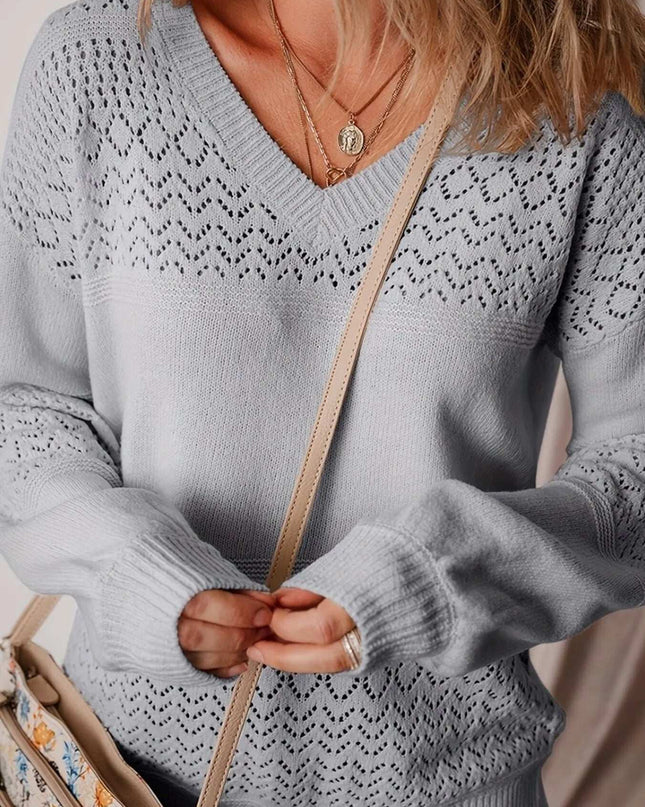 Eyelet Deatil V-Neck Long Sleeve Sweater Gray