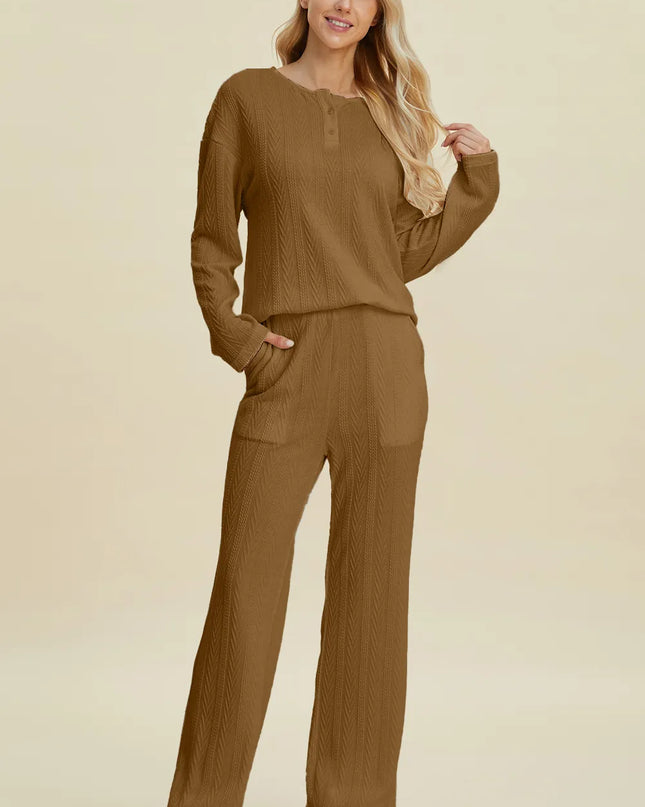 Double Take Full Size Cable-Knit Long Sleeve Top and Pants Set