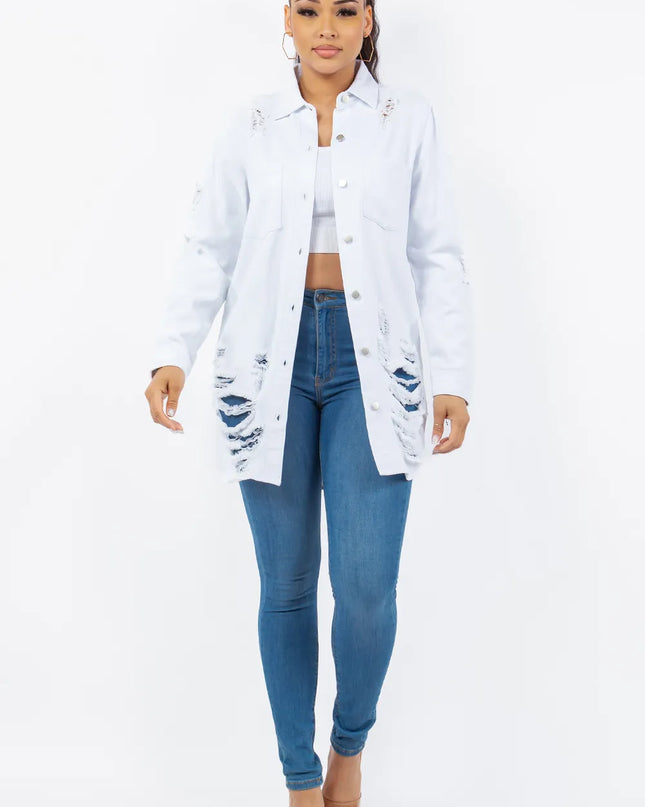 American Bazi Distressed Button Up Long Sleeve Denim Jacket