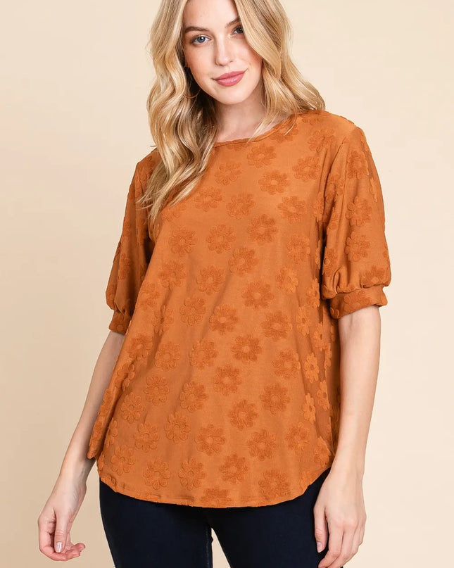 BOMBOM Textured Floral Pattern Top Camel