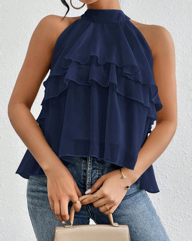 Ruffled Layered Sleeveless Top Navy Blue