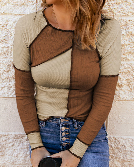 Color Block Exposed Seam Knit Top Tan Coffee