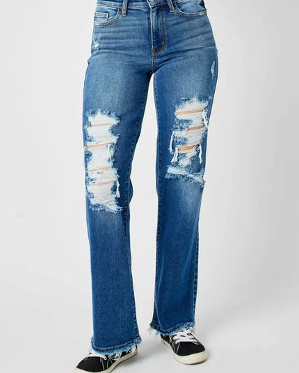 Judy Blue Full Size Mid Rise Distressed Raw Hem Jeans Medium