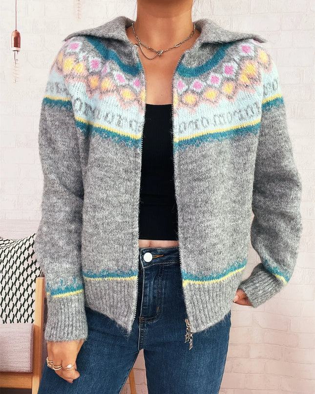 Fair Isle Pattern Zip-Up Cardigan