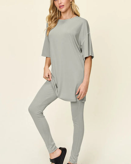 Double Take Full Size Round Neck Dropped Shoulder T-Shirt and Leggings Set