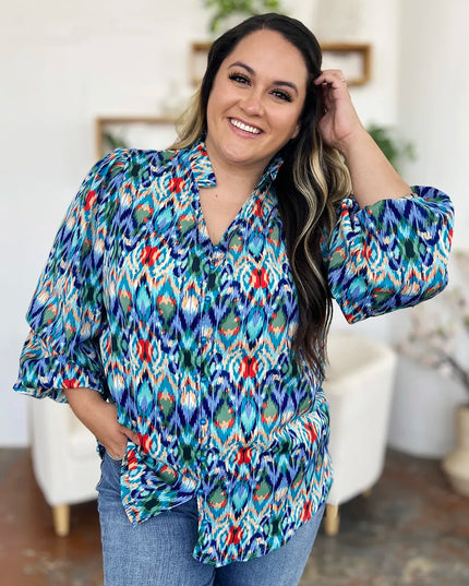 Double Take Full Size Printed Balloon Sleeve Blouse