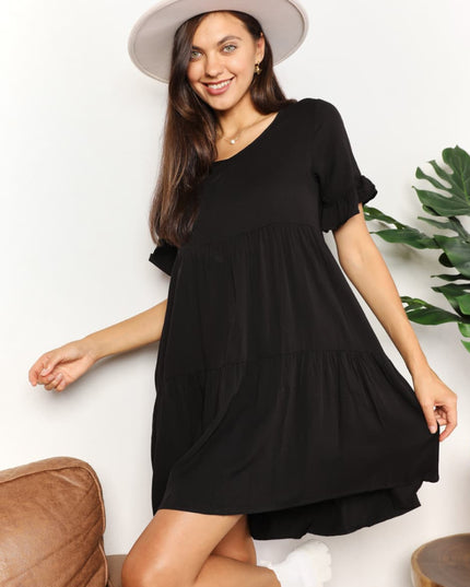 Mandy V-Neck Flounce Sleeve Tiered Dress Black