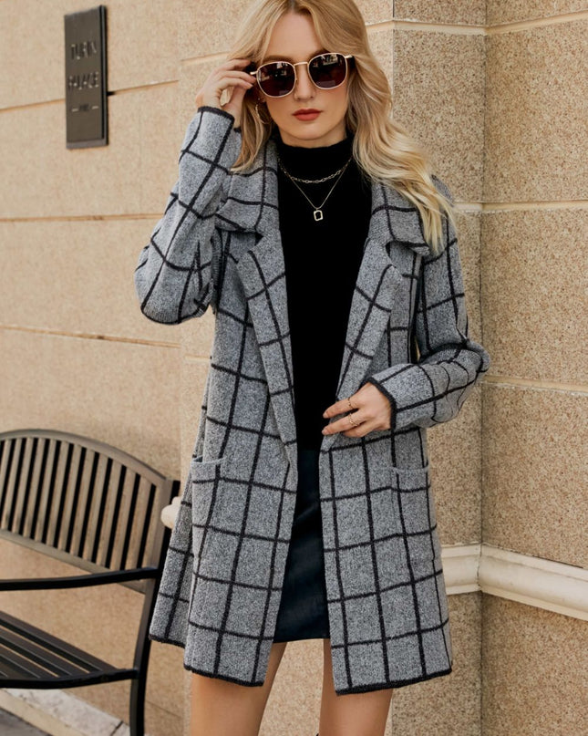 Printed Open Front Lapel Collar Cardigan with Pockets Gray