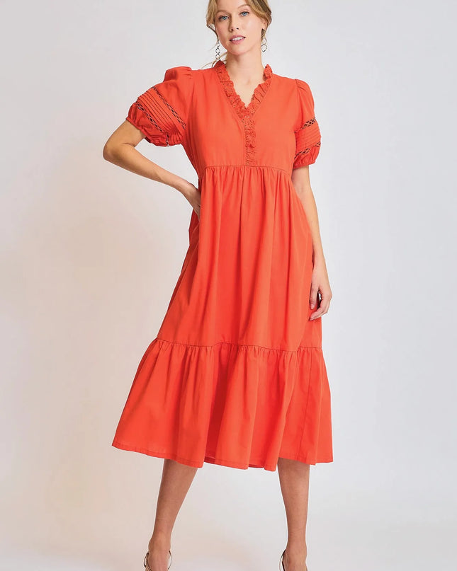 Umgee Short Sleeve Lace-Trim Ruffled Midi Dress