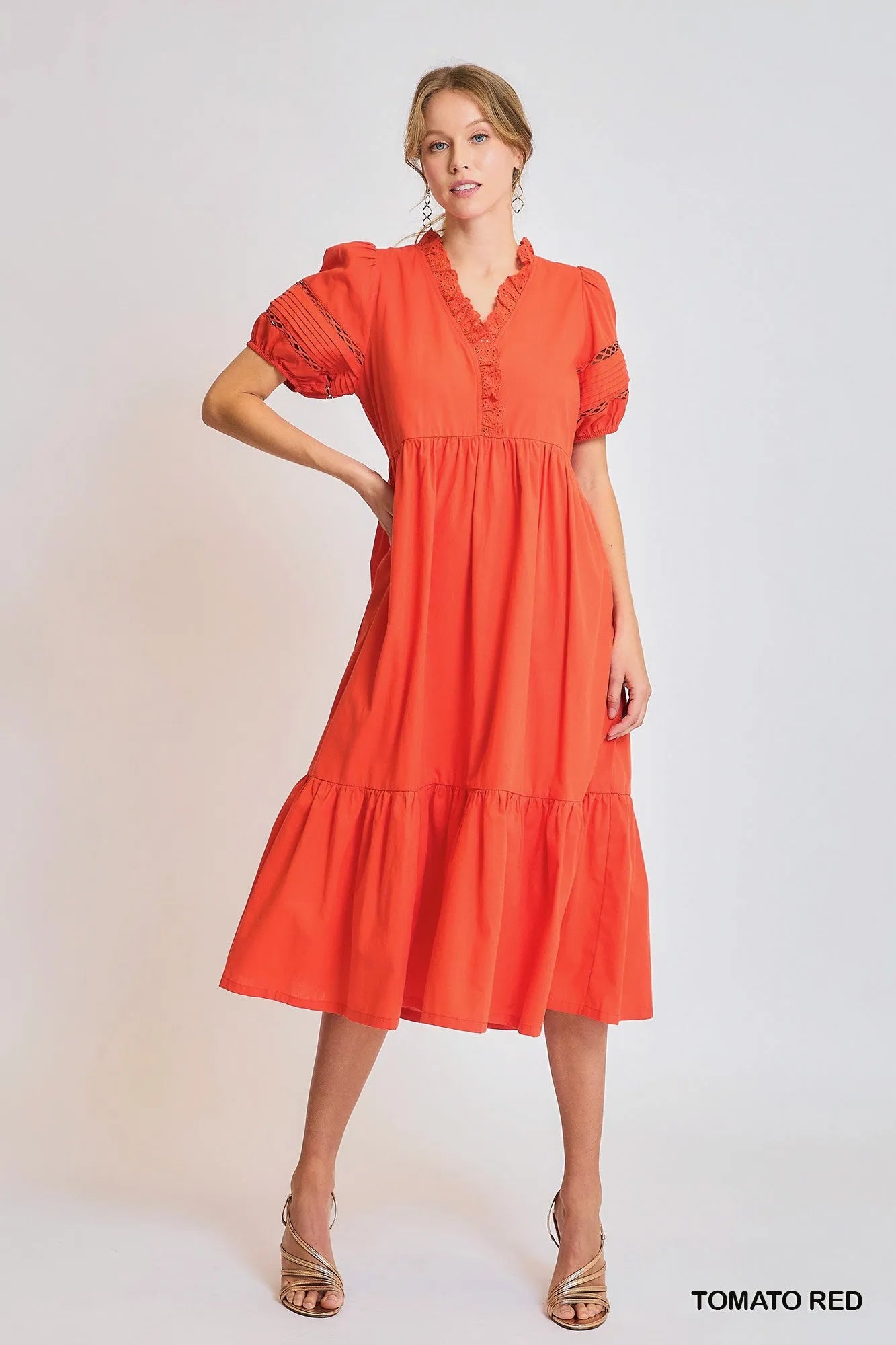 Umgee Short Sleeve Lace-Trim Ruffled Midi Dress