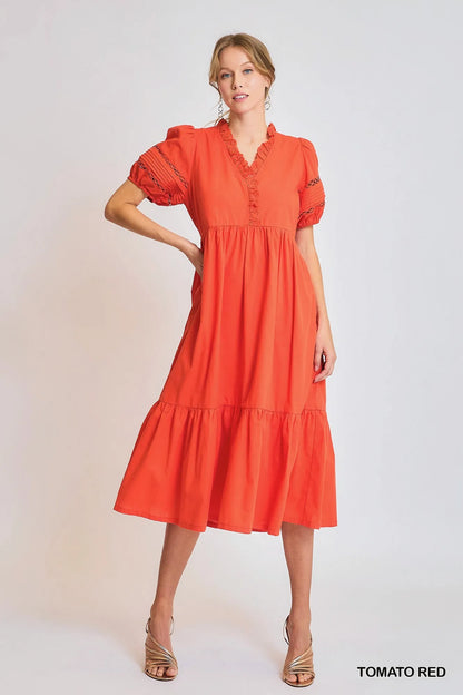 Umgee Short Sleeve Lace-Trim Ruffled Midi Dress