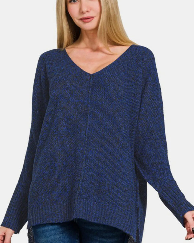 Zenana High-Low Center Seam V-Neck Sweater Dark Navy