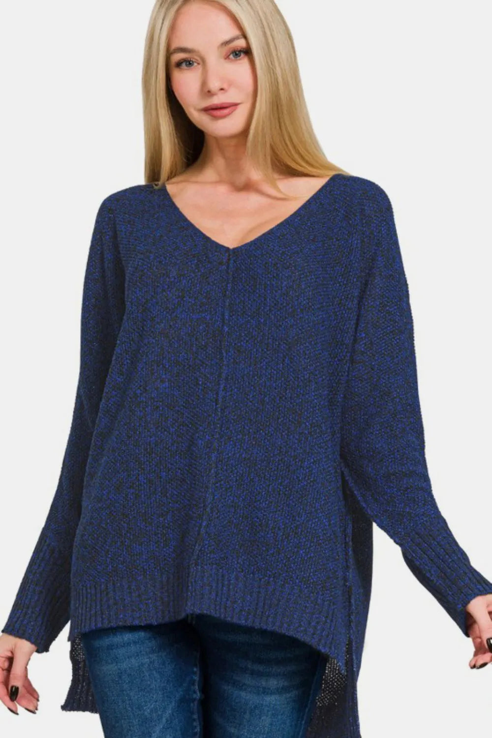 Zenana High-Low Center Seam V-Neck Sweater Dark Navy
