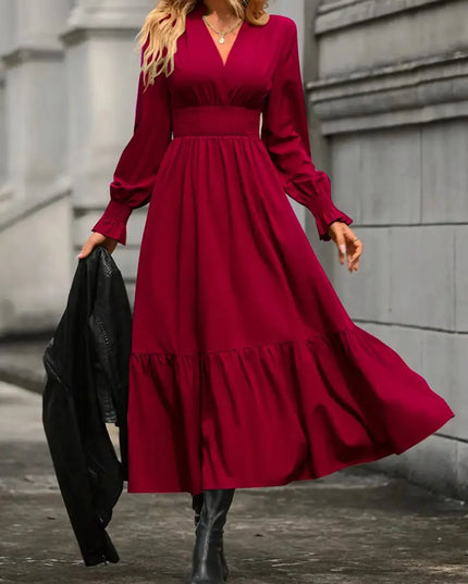Notched Long Sleeve Tiered Dress