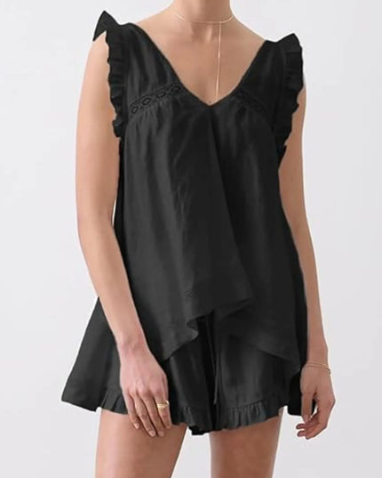 Ruffled V-Neck Top and Shorts Set Black