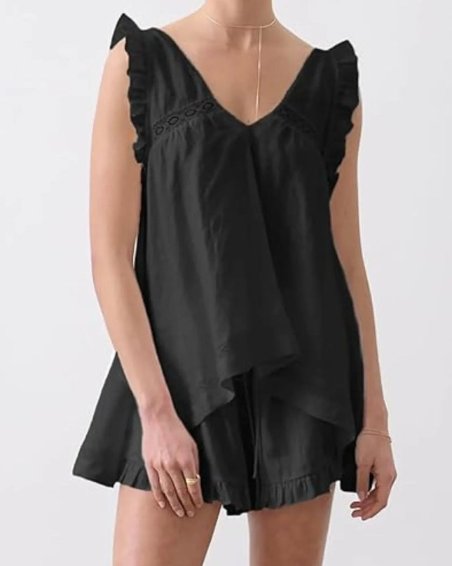 Ruffled V-Neck Top and Shorts Set Black