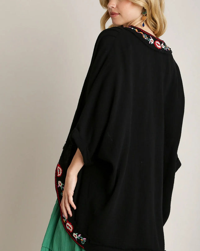 Umgee Embroidery Open Front Kimono with Pleated Shoulder Detail