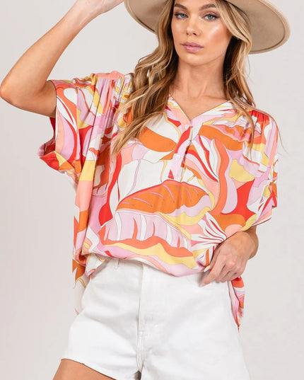 SAGE + FIG Abstract Print Half Button Blouse CORAL