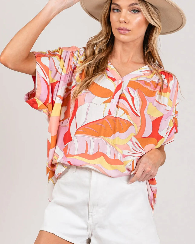 SAGE + FIG Abstract Print Half Button Blouse CORAL