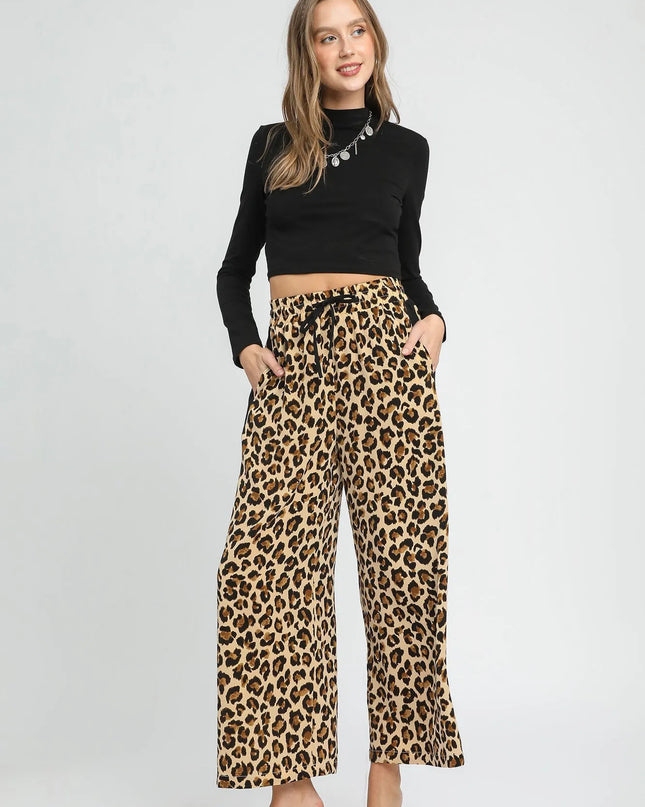Umgee Leopard Print Wide-Leg Drawstring Pants