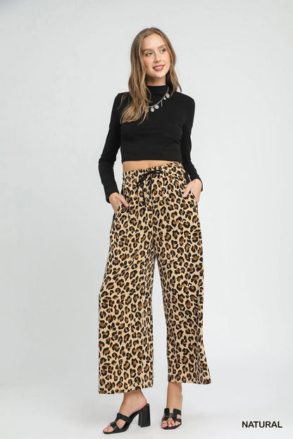 Umgee Leopard Print Wide-Leg Drawstring Pants