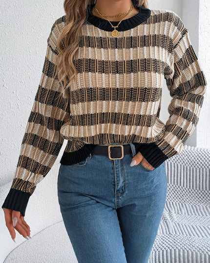 Striped Round Neck Long Sleeve Sweater Black