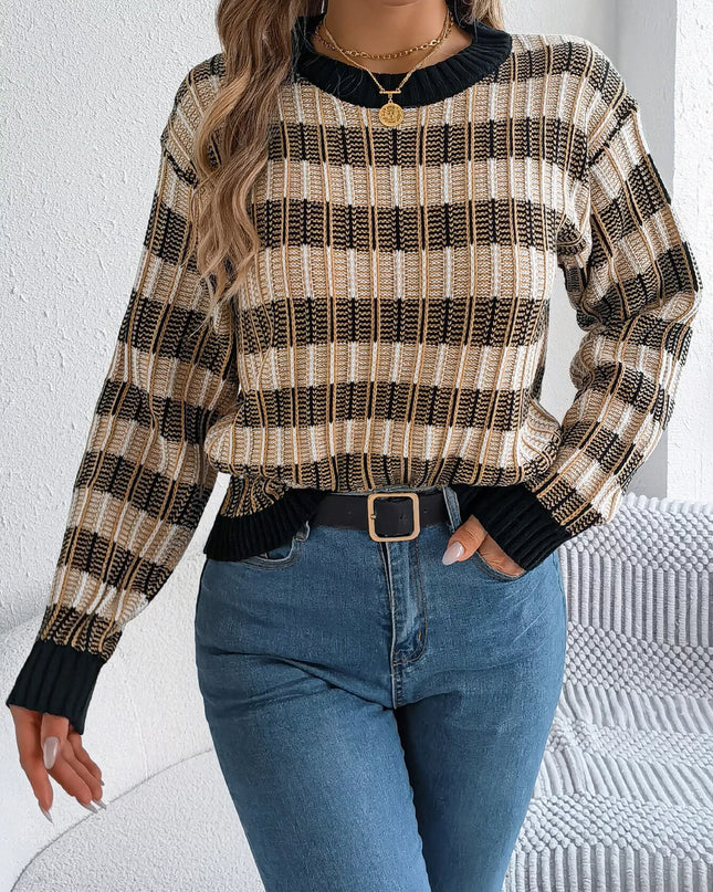 Striped Round Neck Long Sleeve Sweater Black