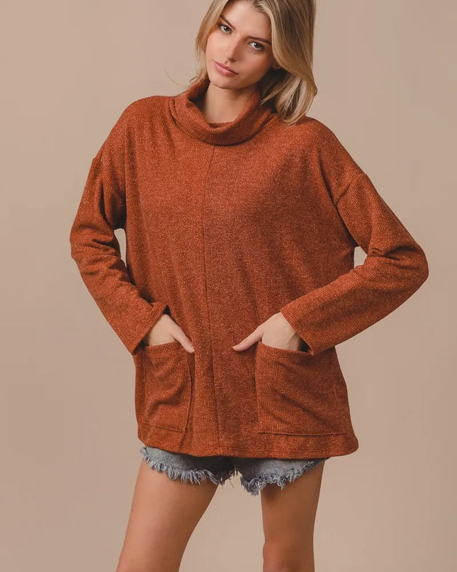 BiBi Piper Rib Double Pocket Turtle Neck Sweater